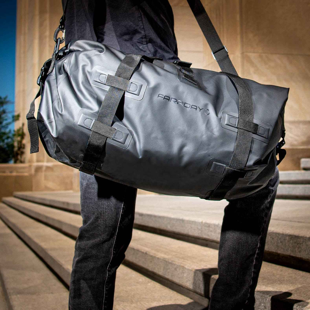 Faraday Defense 55L Stealth Black Dry Duffel Bag for Signal Blocking