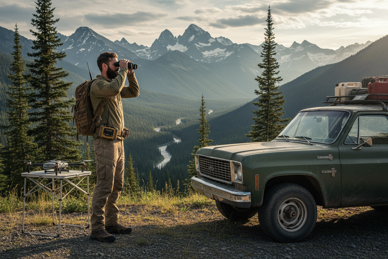 American survivalist with gear beside 1973 Chevrolet Blazer